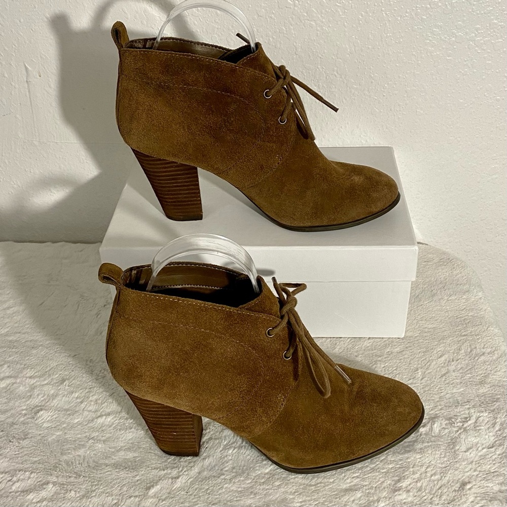 Lucky Brand Unitas Brown Suede Ankle Boots Women’s Size 8M Lace-Up Stacked Heel - Picture 3 of 12